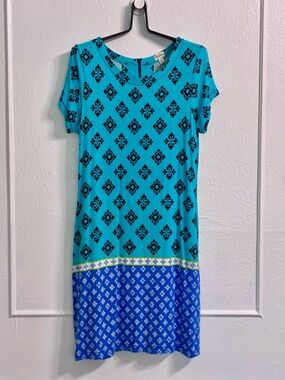 Hatley Nellie Dress Turquoise & Blue Printed Short Sleeve Shift Dress Sz L